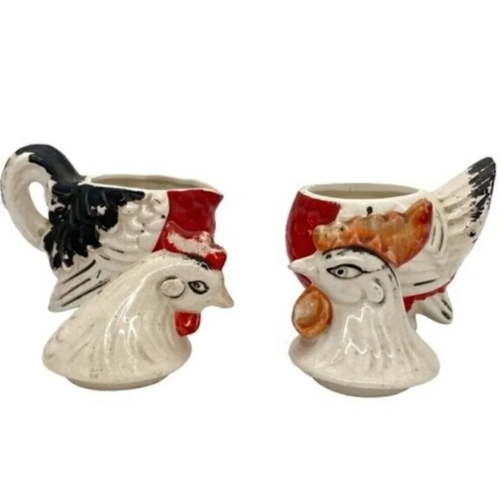 Vintage Artmark Japan Hen & Rooster Cream Sugar Bowl Salt Pepper Shaker